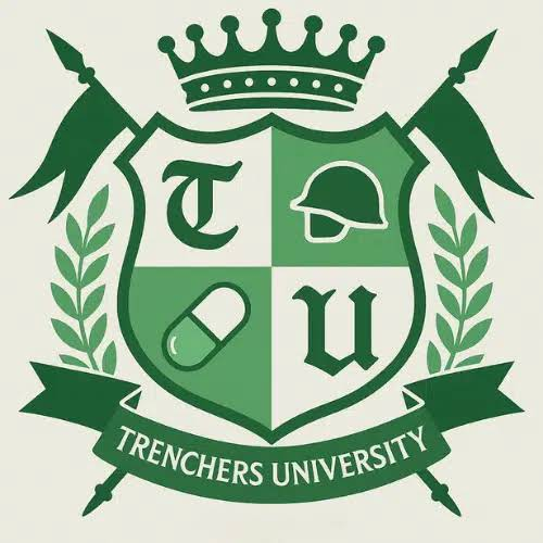 Trenchers University crest: a green shield with T, U, a combat helmet, and a pill, crowned and framed by crossed spears and laurels